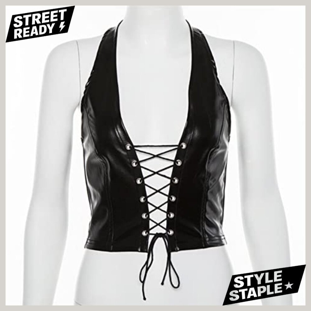 Adjustable Spaghetti Strap PU Leather Bustier Cro… - image 4